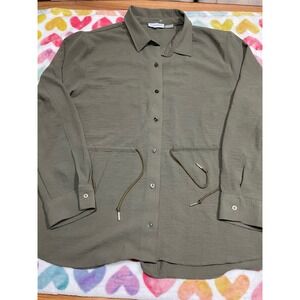 Calvin Klein Olive Green Drawstring Waist Long Sleeve Button Up Shirt Women LG